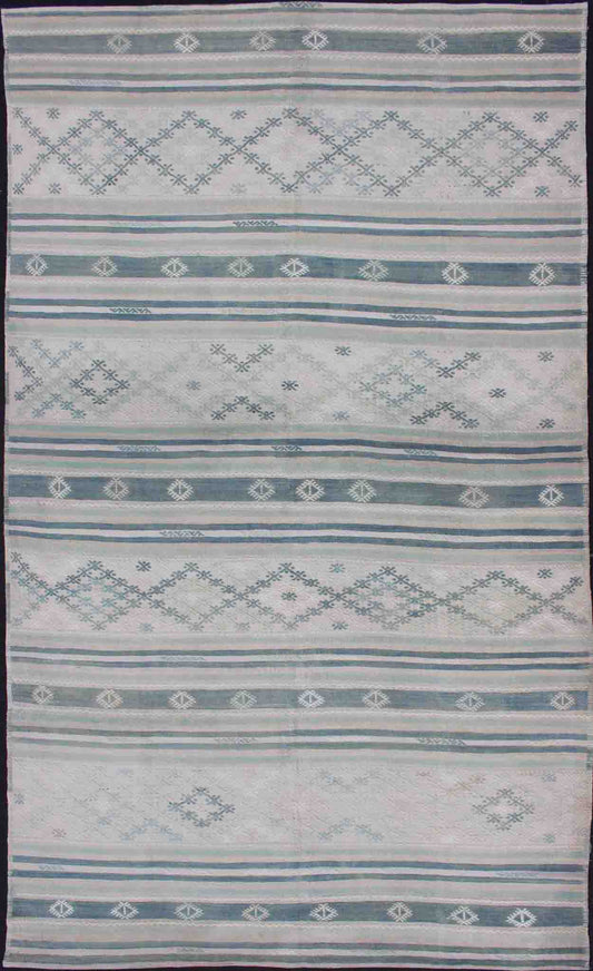 Flat - Weave Kilim with Embroideries in Taupe, Green, Blue and Gray Vintage flat - weave Kilim with embroideries in blush, green, blue and gray with a modern design geometric stripe design Vintage Kilim from Turkey, rug en - 179236, Keivan Woven A... - Keivan Woven ArtsEN - 179236 - 11807