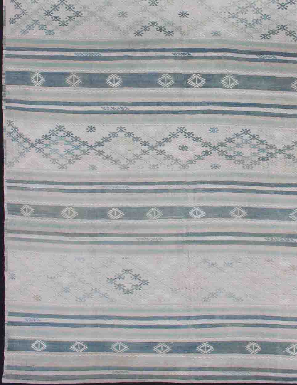 Flat - Weave Kilim with Embroideries in Taupe, Green, Blue and Gray Vintage flat - weave Kilim with embroideries in blush, green, blue and gray with a modern design geometric stripe design Vintage Kilim from Turkey, rug en - 179236, Keivan Woven A... - Keivan Woven ArtsEN - 179236 - 11807Rug