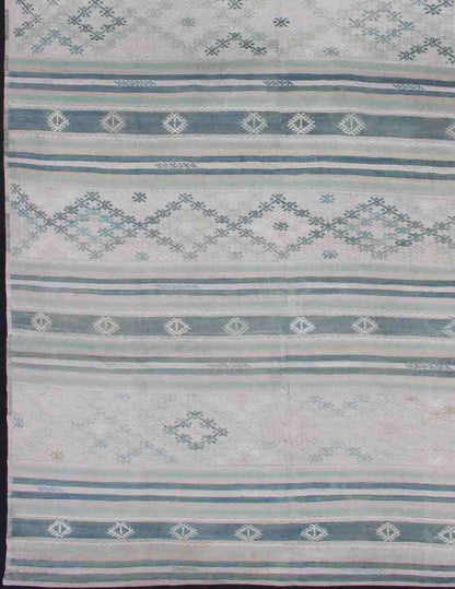 Flat - Weave Kilim with Embroideries in Taupe, Green, Blue and Gray Vintage flat - weave Kilim with embroideries in blush, green, blue and gray with a modern design geometric stripe design Vintage Kilim from Turkey, rug en - 179236, Keivan Woven A... - Keivan Woven ArtsEN - 179236 - 11807Rug