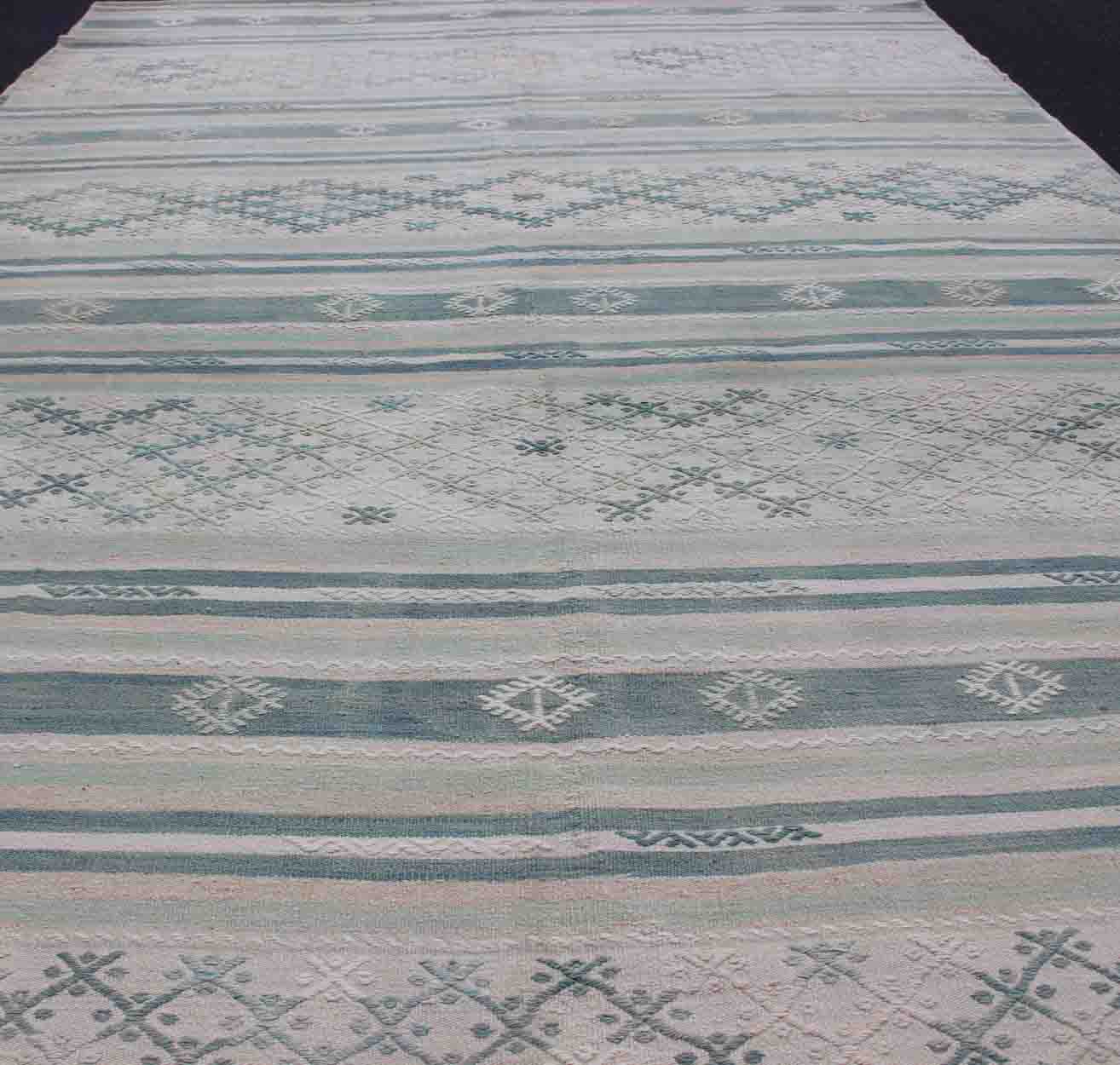 Flat - Weave Kilim with Embroideries in Taupe, Green, Blue and Gray Vintage flat - weave Kilim with embroideries in blush, green, blue and gray with a modern design geometric stripe design Vintage Kilim from Turkey, rug en - 179236, Keivan Woven A... - Keivan Woven ArtsEN - 179236 - 11807Rug