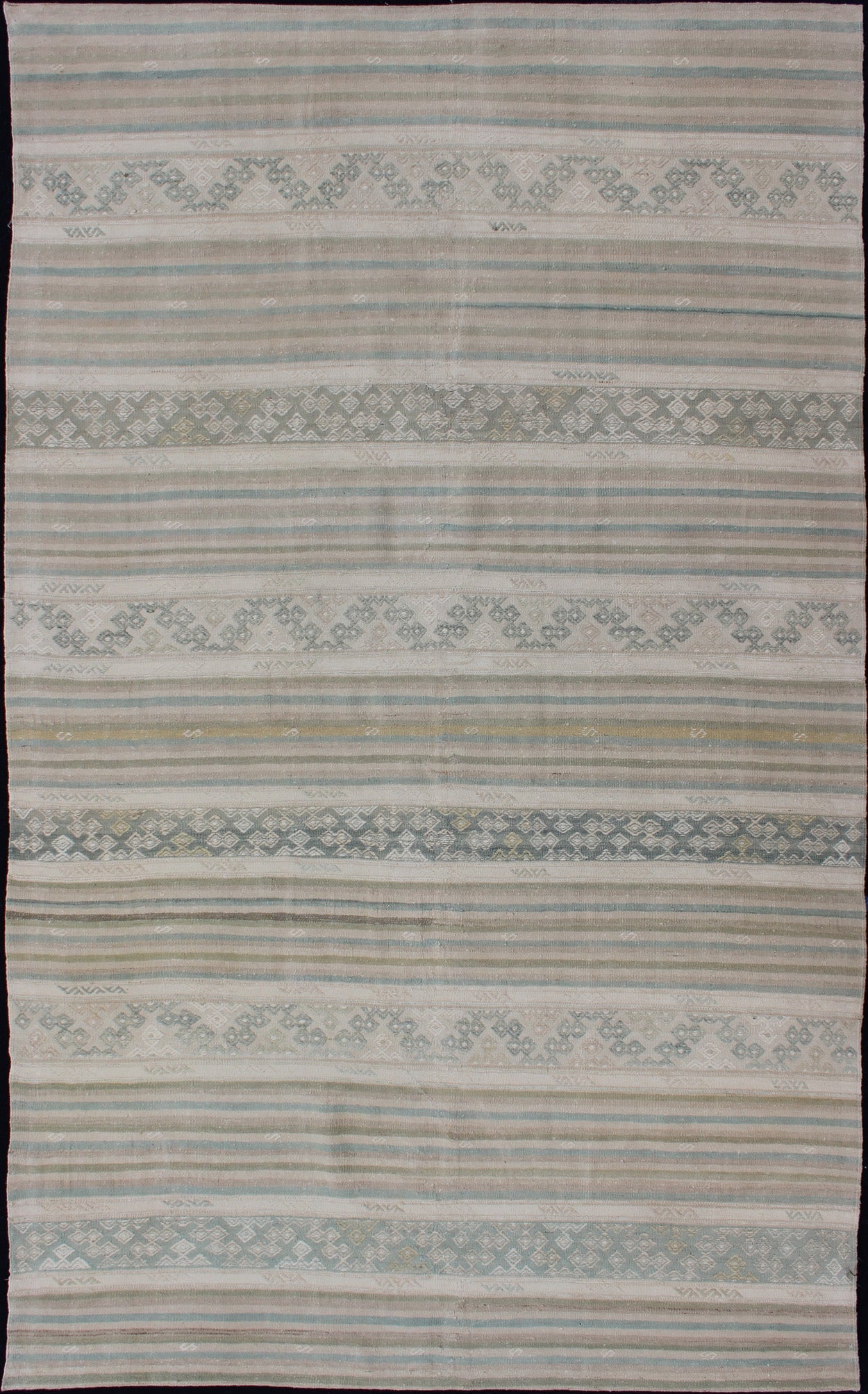 Turkish Flat - Weave Kilim in Muted Colors with Stripes and Embroideries. Turkish Kilim vintage carpet in light taupe, green, Tan, Light Brown, flush and, beige and cream, rug EN - 179248, country of origin / type: Turkey / Kilim, circa 1950 This... - Keivan Woven ArtsEN - 179248 - 12795Rug