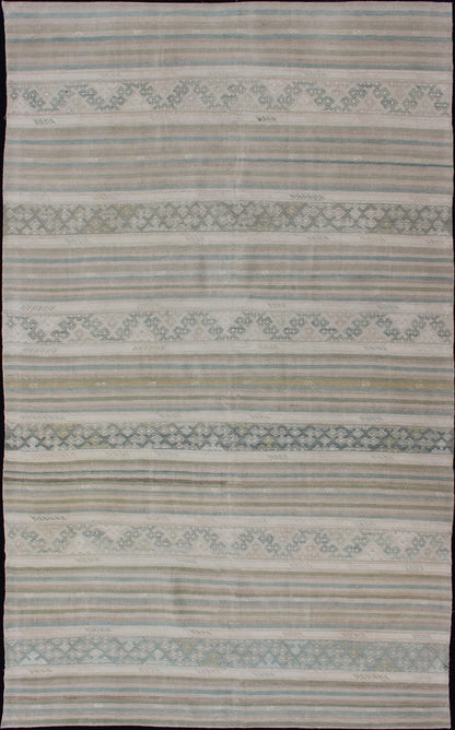 Turkish Flat - Weave Kilim in Muted Colors with Stripes and Embroideries. Turkish Kilim vintage carpet in light taupe, green, Tan, Light Brown, flush and, beige and cream, rug EN - 179248, country of origin / type: Turkey / Kilim, circa 1950 This... - Keivan Woven ArtsEN - 179248 - 12795Rug