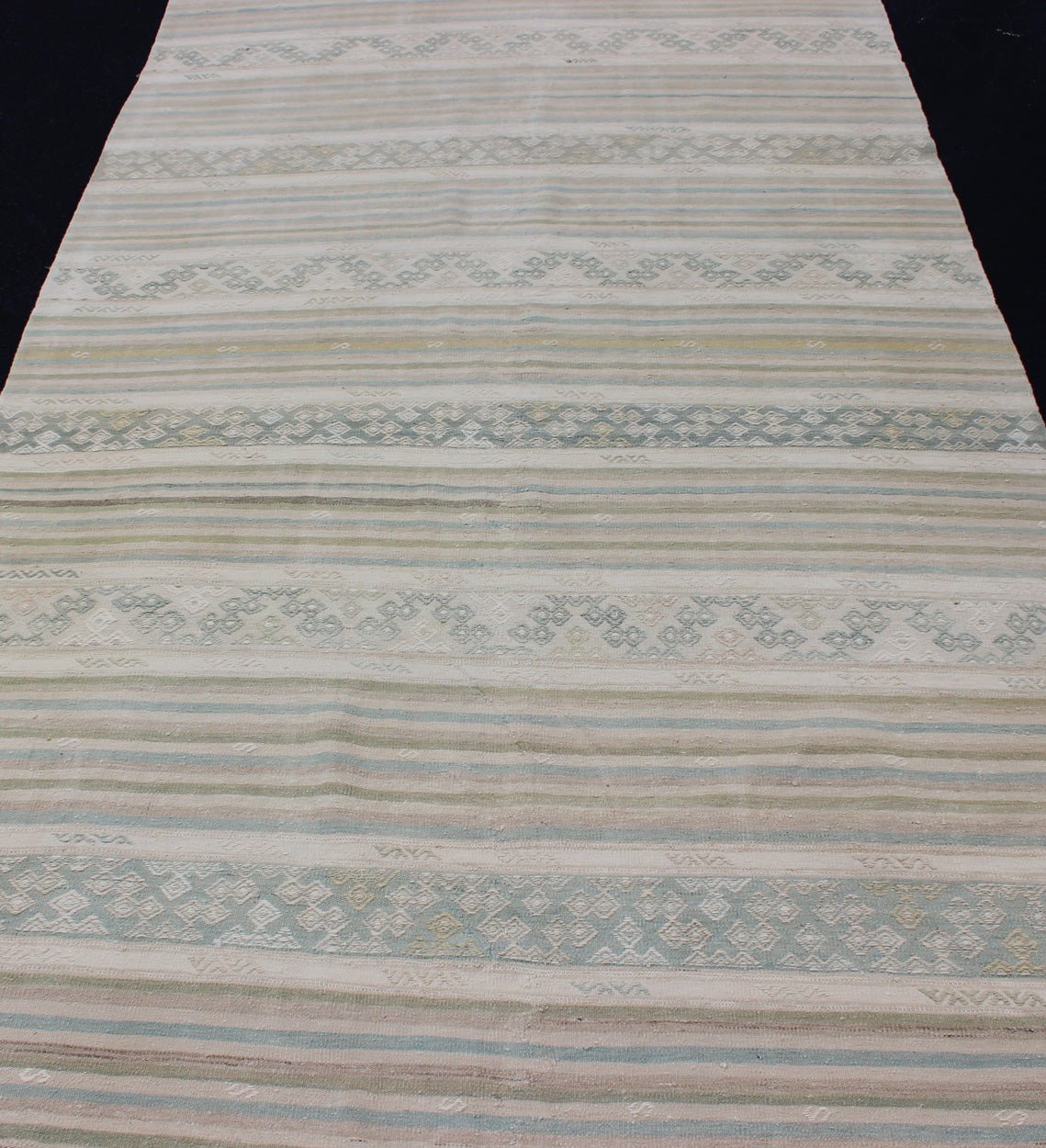 Turkish Flat - Weave Kilim in Muted Colors with Stripes and Embroideries. Turkish Kilim vintage carpet in light taupe, green, Tan, Light Brown, flush and, beige and cream, rug EN - 179248, country of origin / type: Turkey / Kilim, circa 1950 This... - Keivan Woven ArtsEN - 179248 - 12795Rug