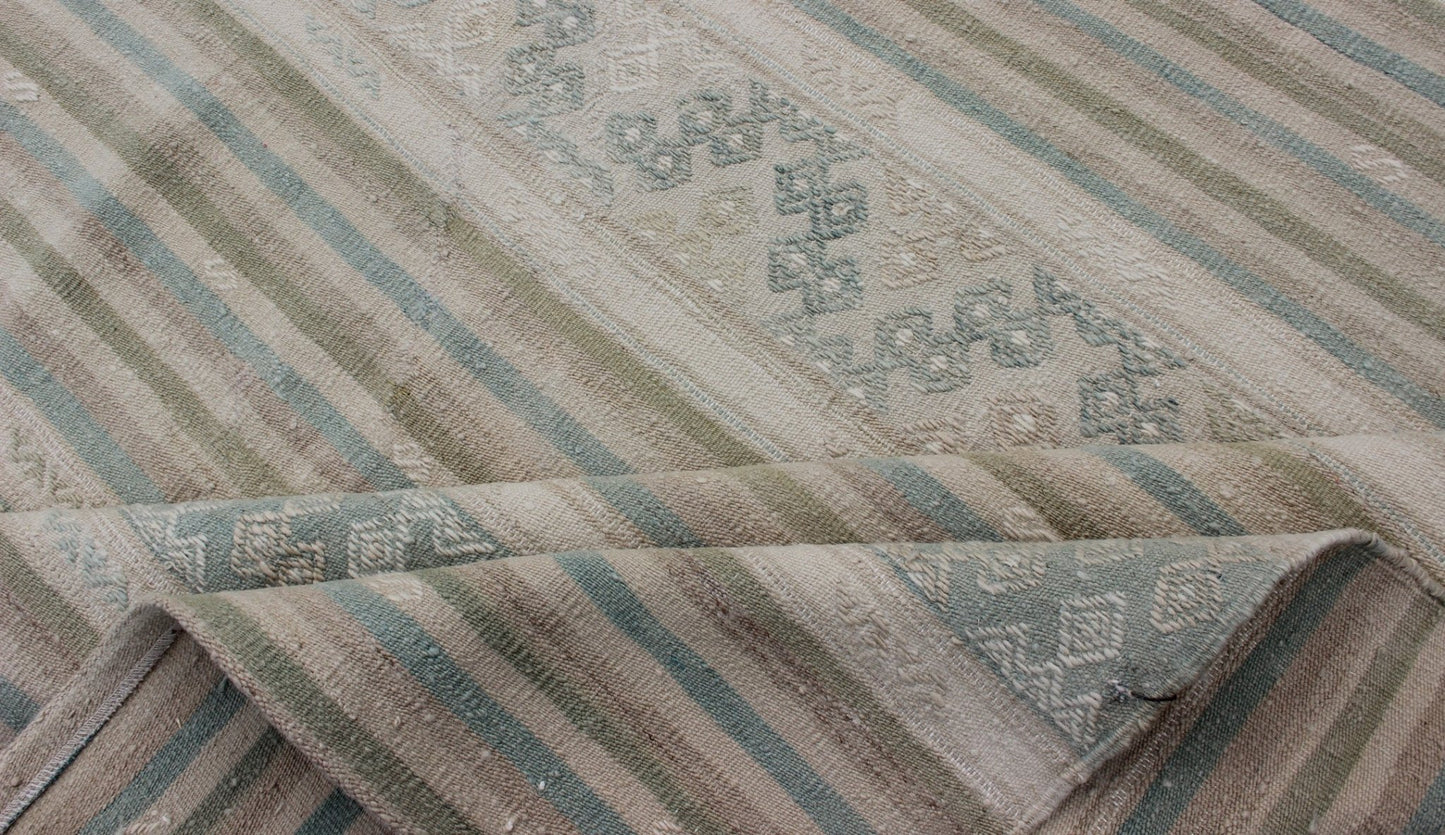 Turkish Flat - Weave Kilim in Muted Colors with Stripes and Embroideries. Turkish Kilim vintage carpet in light taupe, green, Tan, Light Brown, flush and, beige and cream, rug EN - 179248, country of origin / type: Turkey / Kilim, circa 1950 This... - Keivan Woven ArtsEN - 179248 - 12795Rug
