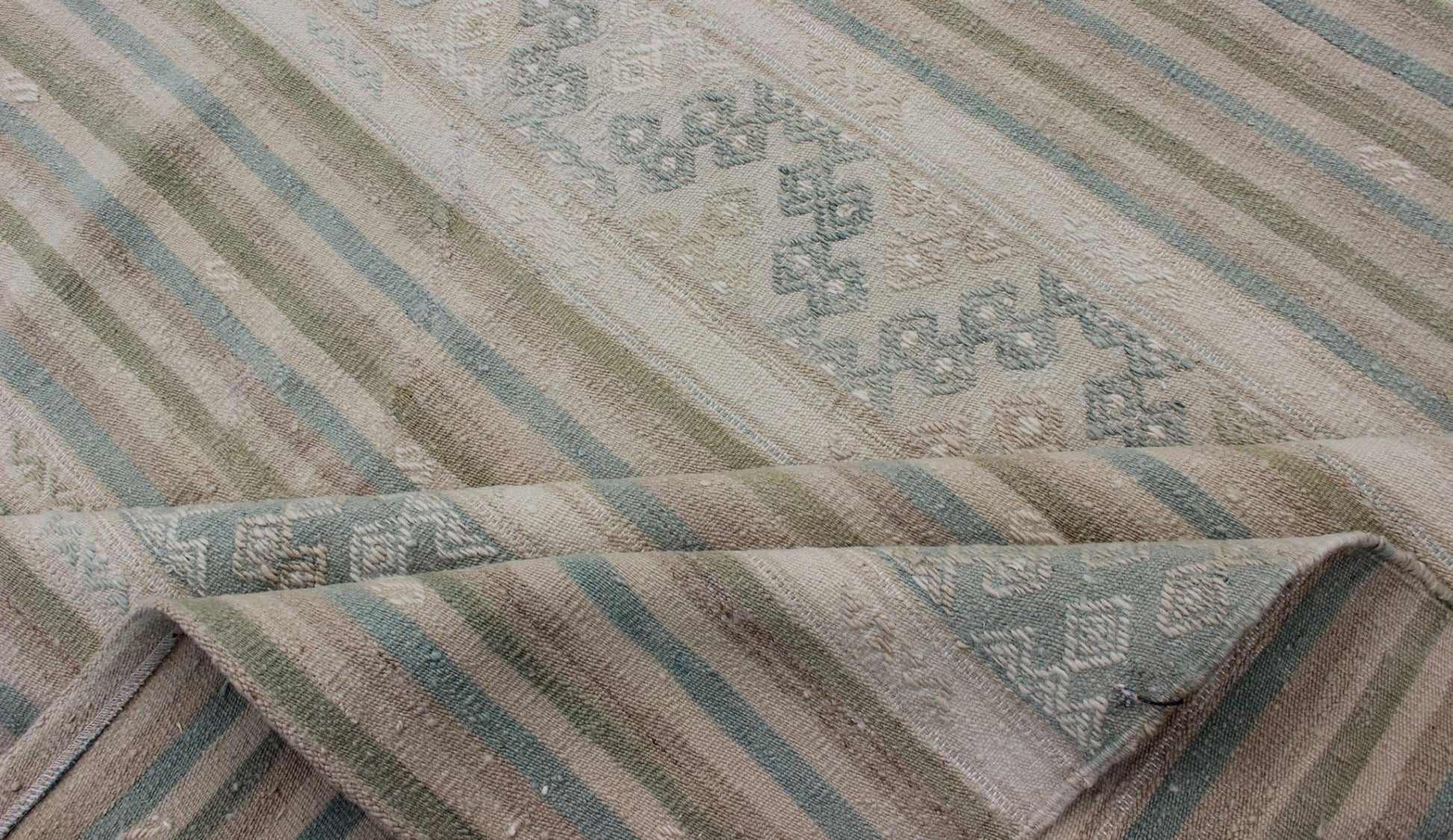 Turkish Flat - Weave Kilim in Muted Colors with Stripes and Embroideries. Turkish Kilim vintage carpet in light taupe, green, Tan, Light Brown, flush and, beige and cream, rug EN - 179248, country of origin / type: Turkey / Kilim, circa 1950 This... - Keivan Woven ArtsEN - 179248 - 12795Rug