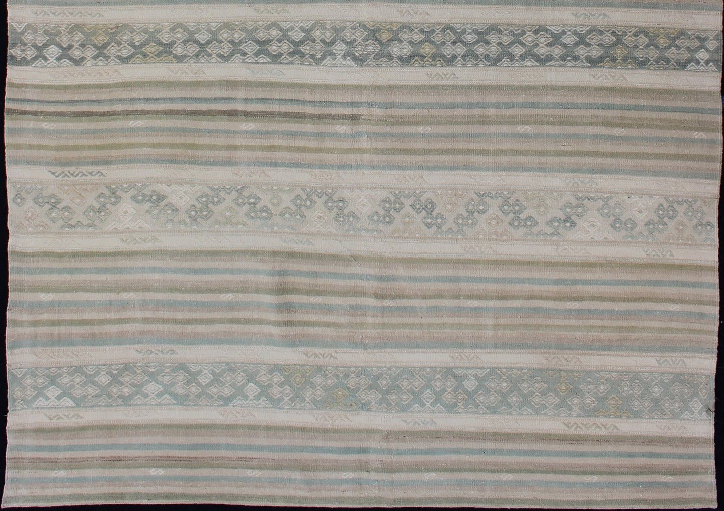 Turkish Flat - Weave Kilim in Muted Colors with Stripes and Embroideries. Turkish Kilim vintage carpet in light taupe, green, Tan, Light Brown, flush and, beige and cream, rug EN - 179248, country of origin / type: Turkey / Kilim, circa 1950 This... - Keivan Woven ArtsEN - 179248 - 12795Rug