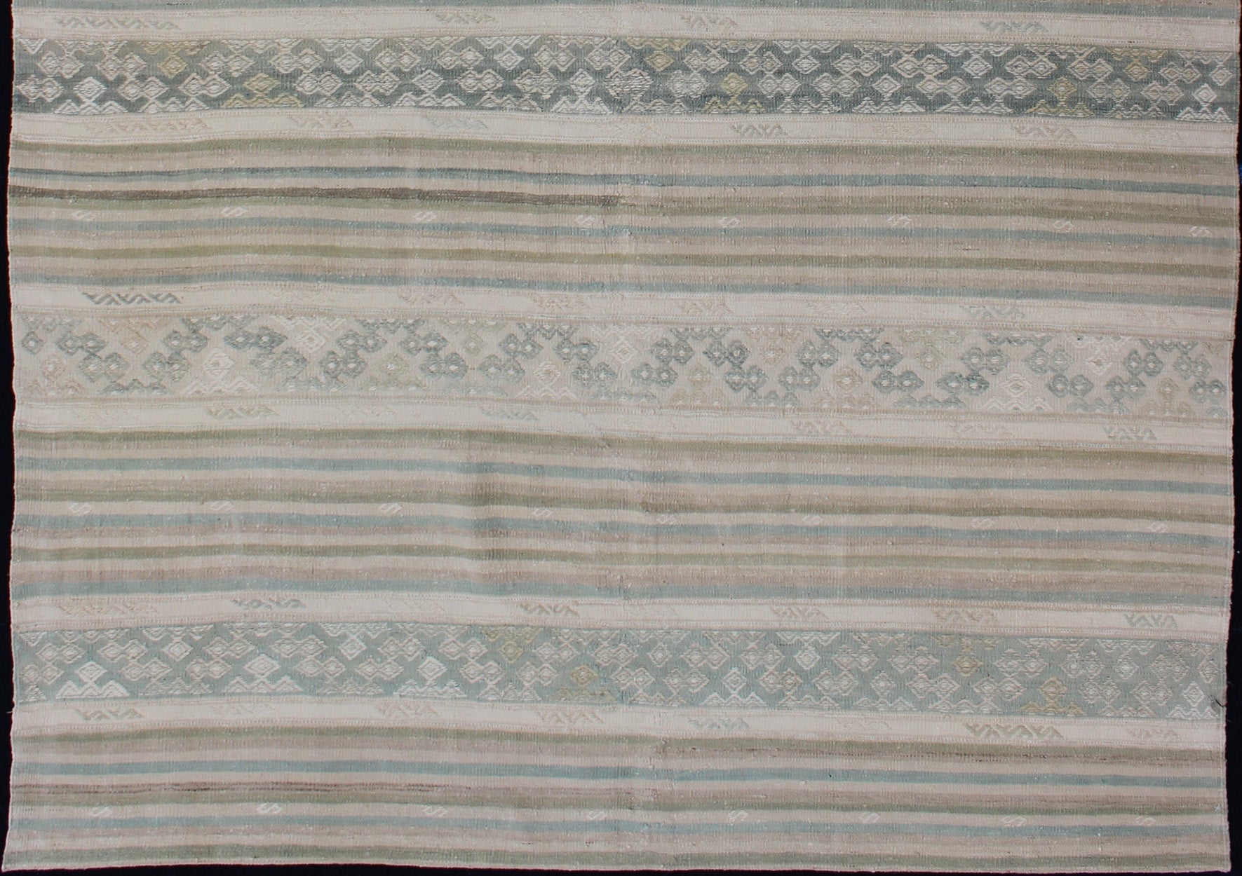 Turkish Flat - Weave Kilim in Muted Colors with Stripes and Embroideries. Turkish Kilim vintage carpet in light taupe, green, Tan, Light Brown, flush and, beige and cream, rug EN - 179248, country of origin / type: Turkey / Kilim, circa 1950 This... - Keivan Woven ArtsEN - 179248 - 12795Rug