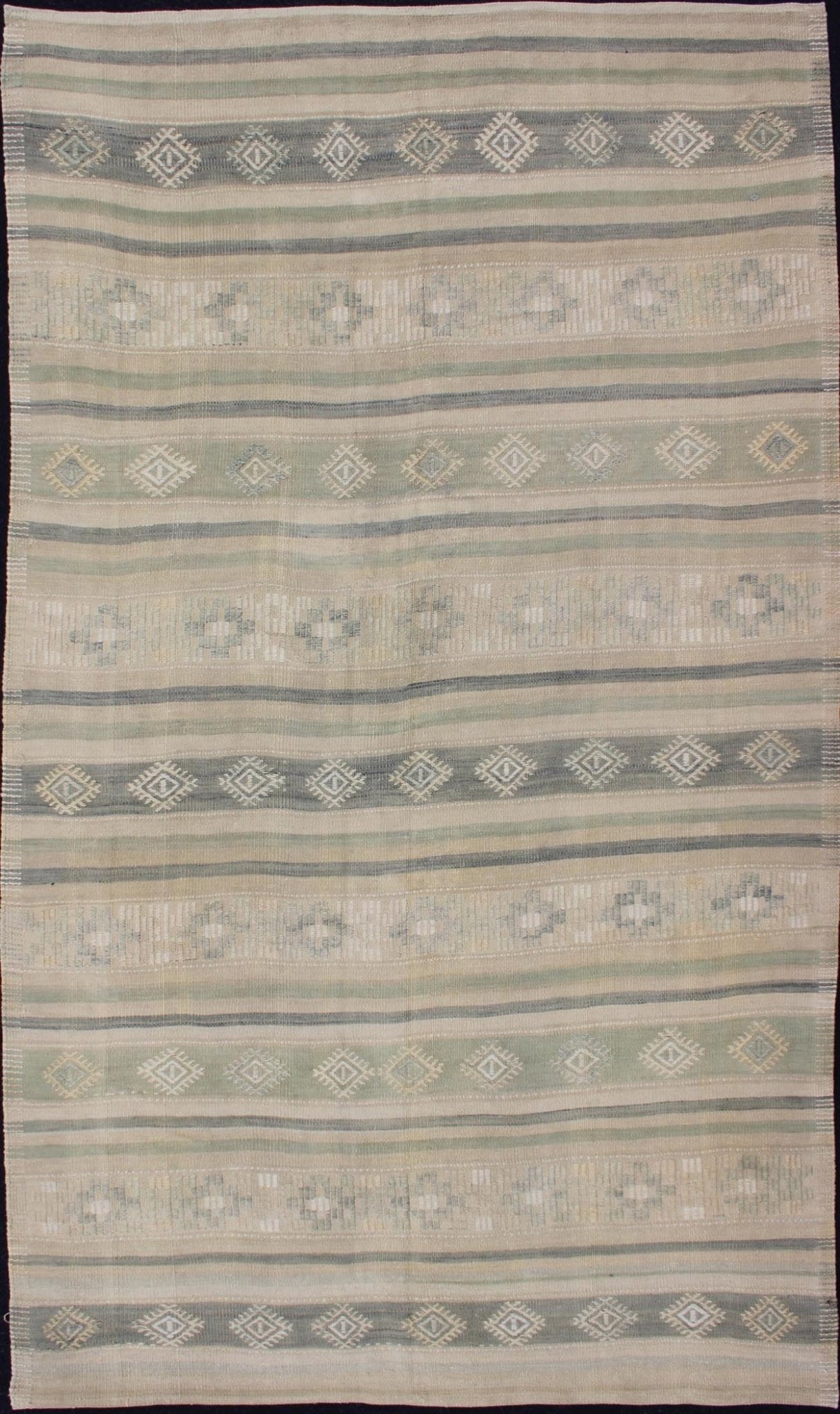 Flat - Weave Vintage Turkish Kilim With Embroideries in Taupe, Green, Blue and Gray Vintage flat - weave Kilim with embroideries in green, blue and gray with a modern design geometric stripe design Vintage Kilim from Turkey, rug EN - 179252, Keivan... - Keivan Woven ArtsEN - 179252 - 11996Rug