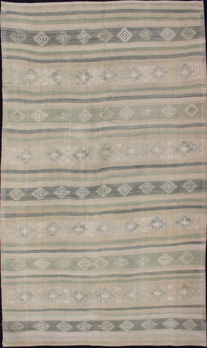 Flat - Weave Vintage Turkish Kilim With Embroideries in Taupe, Green, Blue and Gray Vintage flat - weave Kilim with embroideries in green, blue and gray with a modern design geometric stripe design Vintage Kilim from Turkey, rug EN - 179252, Keivan... - Keivan Woven ArtsEN - 179252 - 11996Rug