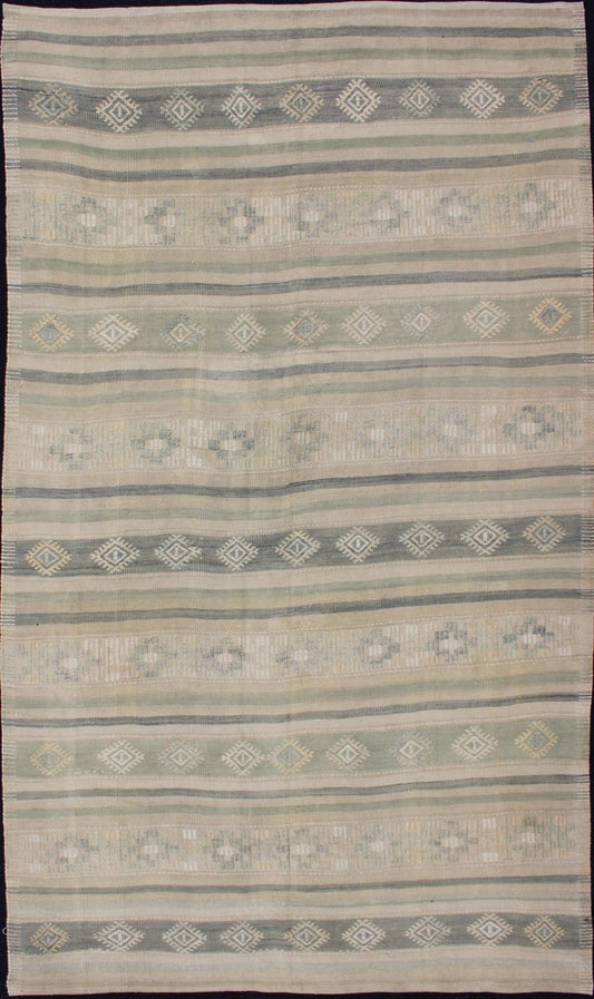 Flat - Weave Vintage Turkish Kilim With Embroideries in Taupe, Green, Blue and Gray Vintage flat - weave Kilim with embroideries in green, blue and gray with a modern design geometric stripe design Vintage Kilim from Turkey, rug EN - 179252, Keivan... - Keivan Woven ArtsEN - 179252 - 11996Rug
