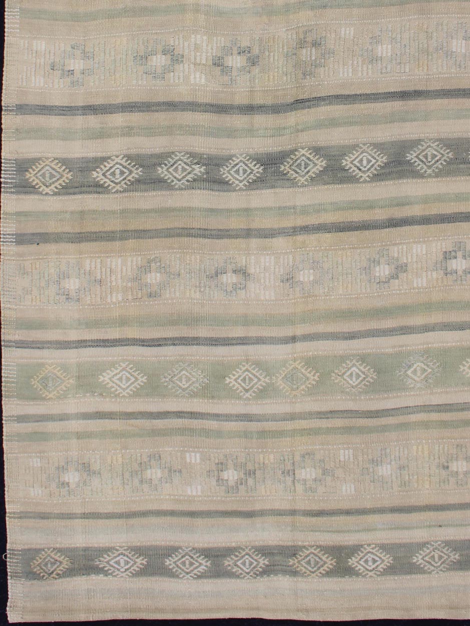 Flat - Weave Vintage Turkish Kilim With Embroideries in Taupe, Green, Blue and Gray Vintage flat - weave Kilim with embroideries in green, blue and gray with a modern design geometric stripe design Vintage Kilim from Turkey, rug EN - 179252, Keivan... - Keivan Woven ArtsEN - 179252 - 11996Rug