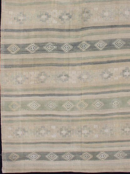 Flat - Weave Vintage Turkish Kilim With Embroideries in Taupe, Green, Blue and Gray Vintage flat - weave Kilim with embroideries in green, blue and gray with a modern design geometric stripe design Vintage Kilim from Turkey, rug EN - 179252, Keivan... - Keivan Woven ArtsEN - 179252 - 11996Rug