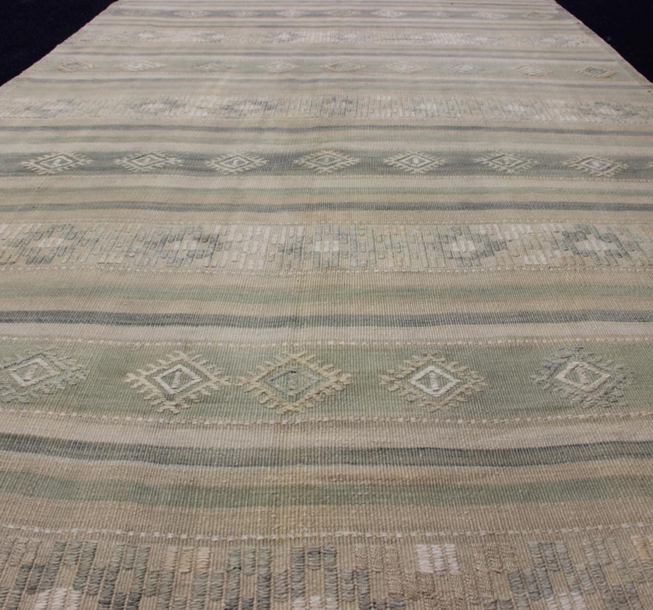 Flat - Weave Vintage Turkish Kilim With Embroideries in Taupe, Green, Blue and Gray Vintage flat - weave Kilim with embroideries in green, blue and gray with a modern design geometric stripe design Vintage Kilim from Turkey, rug EN - 179252, Keivan... - Keivan Woven ArtsEN - 179252 - 11996Rug