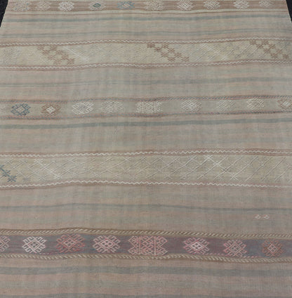 Flat - Weave Turkish Kilim with Embroideries in Earthy Tones and Hints of Pink. geometric stripe design Vintage Kilim from Turkey. Keivan Woven Arts / rug EN - 179255, country of origin / type: Turkey / Kilim, circa 1950 This vintage flat - woven ... - Keivan Woven ArtsEN - 179255 - 17568Rug