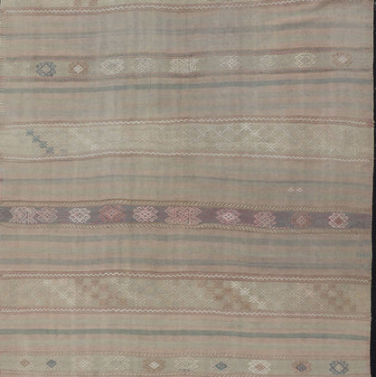 Flat - Weave Turkish Kilim with Embroideries in Earthy Tones and Hints of Pink. geometric stripe design Vintage Kilim from Turkey. Keivan Woven Arts / rug EN - 179255, country of origin / type: Turkey / Kilim, circa 1950 This vintage flat - woven ... - Keivan Woven ArtsEN - 179255 - 17568Rug