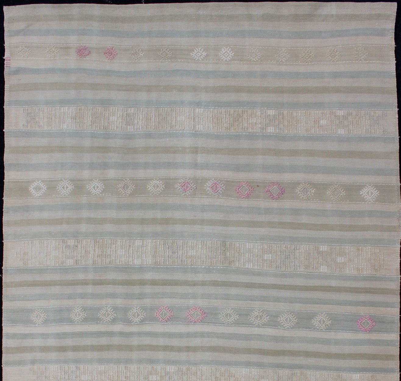 Flat - Weave Kilim with Embroideries in Taupe, Green, Blue and Gray Vintage flat - weave Kilim with embroideries in blue and gray with a modern design geometric stripe design Vintage Kilim from Turkey, Keivan Woven Arts / rug EN - 179256, country o... - Keivan Woven ArtsEN - 179256 - 12769Rug