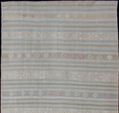 Flat - Weave Kilim with Embroideries in Taupe, Green, Blue and Gray Vintage flat - weave Kilim with embroideries in blue and gray with a modern design geometric stripe design Vintage Kilim from Turkey, Keivan Woven Arts / rug EN - 179256, country o... - Keivan Woven ArtsEN - 179256 - 12769Rug
