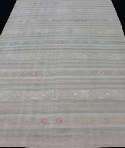 Flat - Weave Kilim with Embroideries in Taupe, Green, Blue and Gray Vintage flat - weave Kilim with embroideries in blue and gray with a modern design geometric stripe design Vintage Kilim from Turkey, Keivan Woven Arts / rug EN - 179256, country o... - Keivan Woven ArtsEN - 179256 - 12769Rug