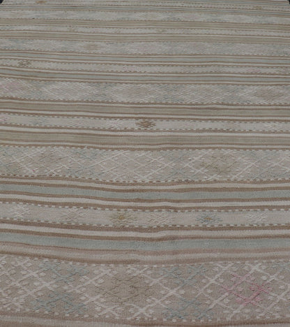 Flat - Weave Embroideries Kilim in Taupe, Green, Teal, Blue and Brown. Vintage flat - weave Kilim with embroideries with a modern design in tan, brown, green and blue geometric stripe design Vintage Kilim from Turkey, rug EN - 179257, country of or... - Keivan Woven ArtsEN - 179257 - 15562