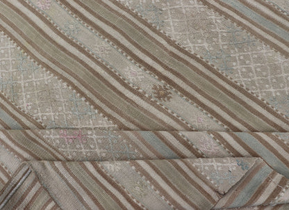 Flat - Weave Embroideries Kilim in Taupe, Green, Teal, Blue and Brown. Vintage flat - weave Kilim with embroideries with a modern design in tan, brown, green and blue geometric stripe design Vintage Kilim from Turkey, rug EN - 179257, country of or... - Keivan Woven ArtsEN - 179257 - 15562
