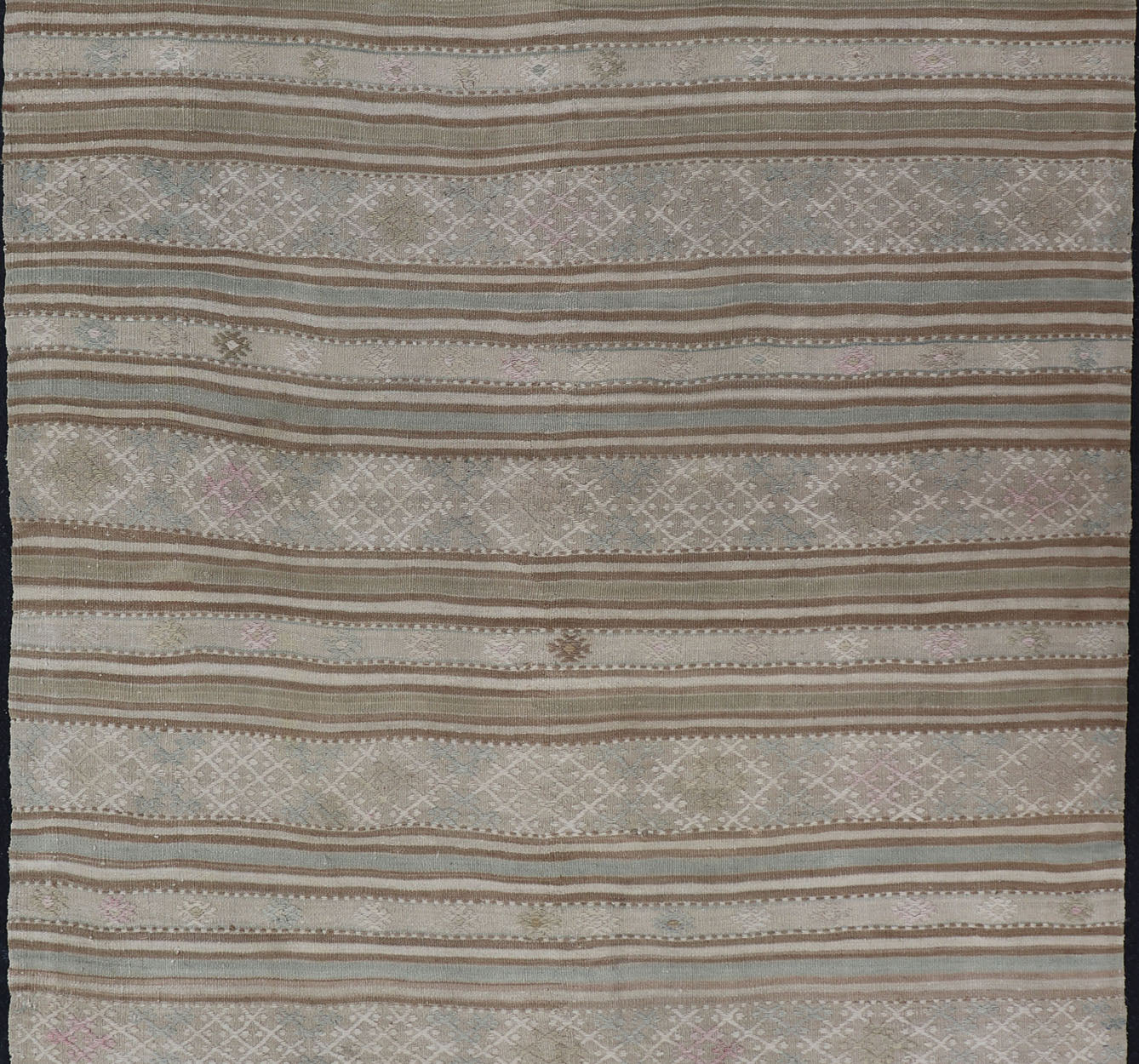 Flat - Weave Embroideries Kilim in Taupe, Green, Teal, Blue and Brown. Vintage flat - weave Kilim with embroideries with a modern design in tan, brown, green and blue geometric stripe design Vintage Kilim from Turkey, rug EN - 179257, country of or... - Keivan Woven ArtsEN - 179257 - 15562Rug