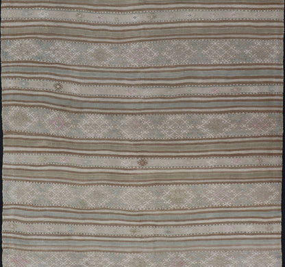 Flat - Weave Embroideries Kilim in Taupe, Green, Teal, Blue and Brown. Vintage flat - weave Kilim with embroideries with a modern design in tan, brown, green and blue geometric stripe design Vintage Kilim from Turkey, rug EN - 179257, country of or... - Keivan Woven ArtsEN - 179257 - 15562Rug