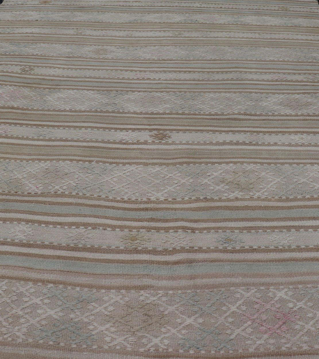 Flat - Weave Embroideries Kilim in Taupe, Green, Teal, Blue and Brown. Vintage flat - weave Kilim with embroideries with a modern design in tan, brown, green and blue geometric stripe design Vintage Kilim from Turkey, rug EN - 179257, country of or... - Keivan Woven ArtsEN - 179257 - 15562Rug