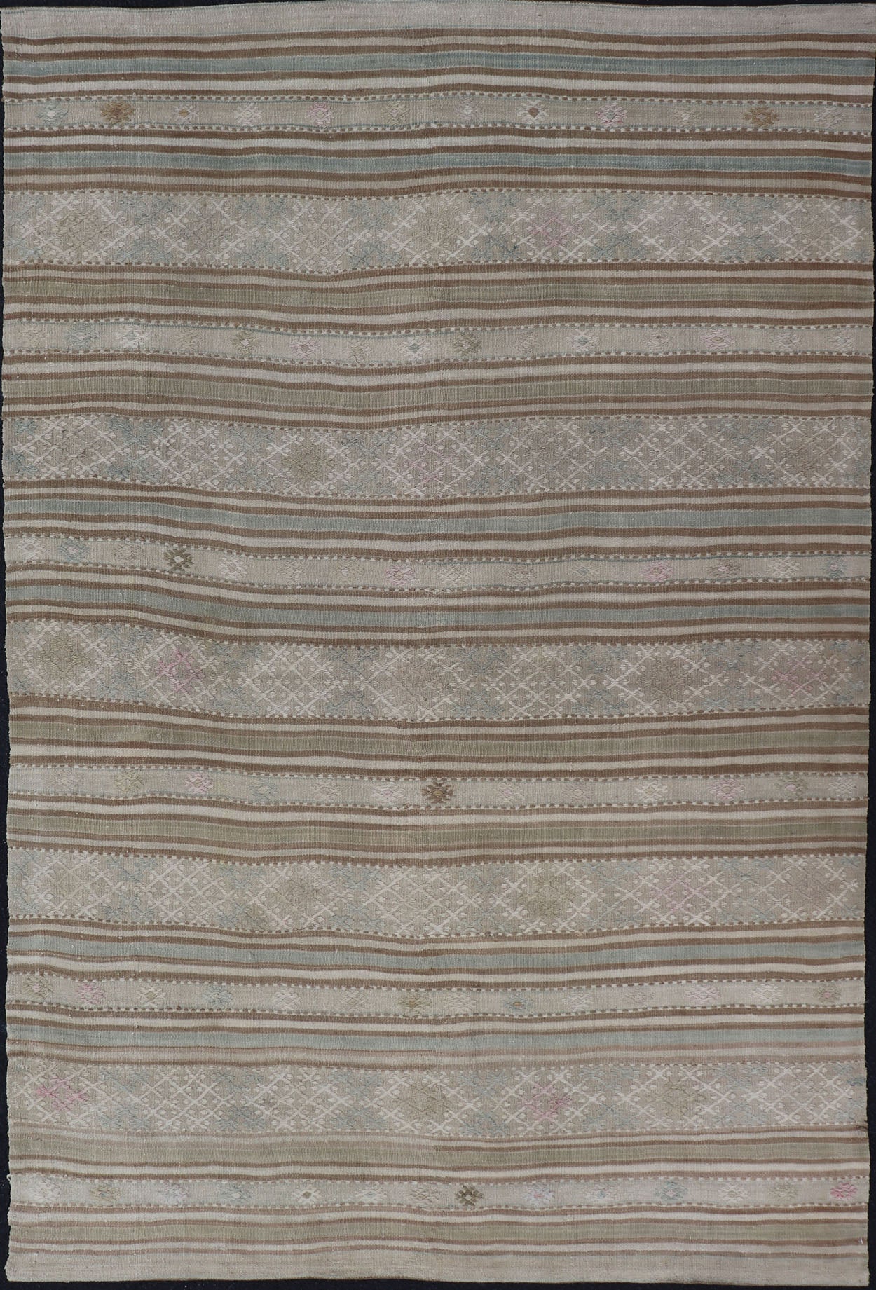 Flat - Weave Embroideries Kilim in Taupe, Green, Teal, Blue and Brown. Vintage flat - weave Kilim with embroideries with a modern design in tan, brown, green and blue geometric stripe design Vintage Kilim from Turkey, rug EN - 179257, country of or... - Keivan Woven ArtsEN - 179257 - 15562