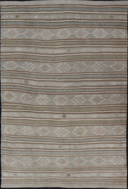 Flat - Weave Embroideries Kilim in Taupe, Green, Teal, Blue and Brown. Vintage flat - weave Kilim with embroideries with a modern design in tan, brown, green and blue geometric stripe design Vintage Kilim from Turkey, rug EN - 179257, country of or... - Keivan Woven ArtsEN - 179257 - 15562