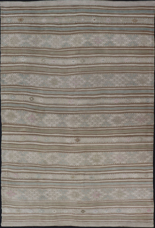 Flat - Weave Embroideries Kilim in Taupe, Green, Teal, Blue and Brown. Vintage flat - weave Kilim with embroideries with a modern design in tan, brown, green and blue geometric stripe design Vintage Kilim from Turkey, rug EN - 179257, country of or... - Keivan Woven ArtsEN - 179257 - 15562