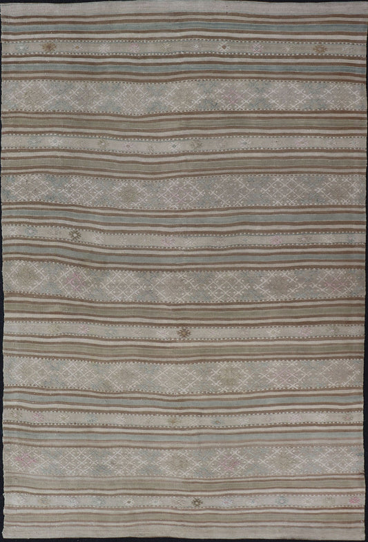 Flat - Weave Embroideries Kilim in Taupe, Green, Teal, Blue and Brown. Vintage flat - weave Kilim with embroideries with a modern design in tan, brown, green and blue geometric stripe design Vintage Kilim from Turkey, rug EN - 179257, country of or... - Keivan Woven ArtsEN - 179257 - 15562Rug