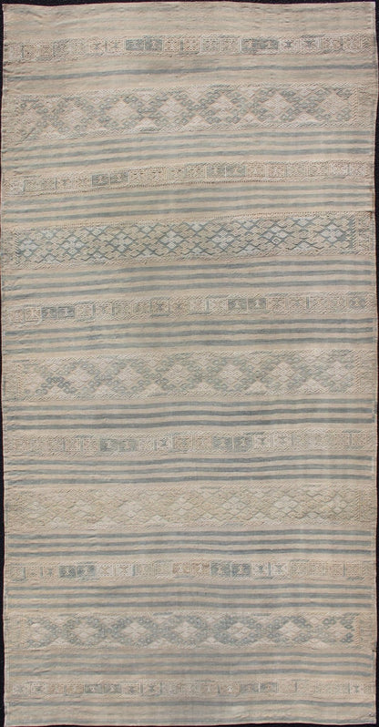 Turkish Flat - Weave Kilim With Embroideries in Taupe, Tan, Blue and Gray Vintage flat - weave Kilim with embroideries in tan, blue and gray with a modern design geometric stripe design Vintage Kilim from Turkey, Keivan Woven Arts / rug EN - 179260... - Keivan Woven ArtsEN - 179260 - 12517Rug