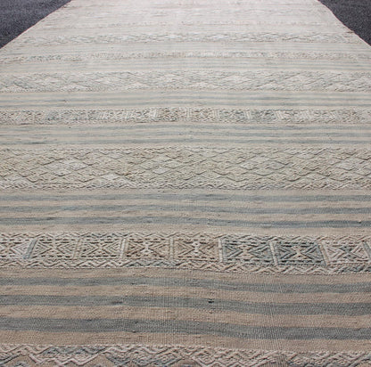 Turkish Flat - Weave Kilim With Embroideries in Taupe, Tan, Blue and Gray Vintage flat - weave Kilim with embroideries in tan, blue and gray with a modern design geometric stripe design Vintage Kilim from Turkey, Keivan Woven Arts / rug EN - 179260... - Keivan Woven ArtsEN - 179260 - 12517Rug