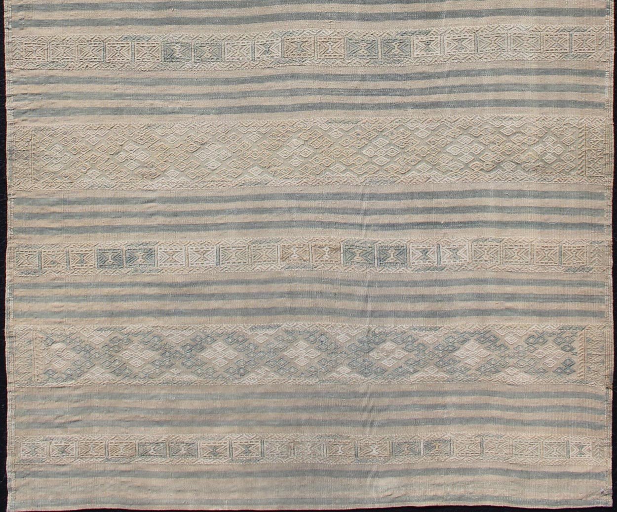 Turkish Flat - Weave Kilim With Embroideries in Taupe, Tan, Blue and Gray Vintage flat - weave Kilim with embroideries in tan, blue and gray with a modern design geometric stripe design Vintage Kilim from Turkey, Keivan Woven Arts / rug EN - 179260... - Keivan Woven ArtsEN - 179260 - 12517Rug