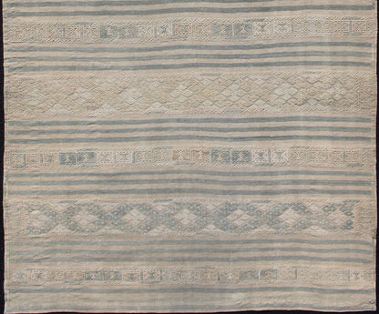 Turkish Flat - Weave Kilim With Embroideries in Taupe, Tan, Blue and Gray Vintage flat - weave Kilim with embroideries in tan, blue and gray with a modern design geometric stripe design Vintage Kilim from Turkey, Keivan Woven Arts / rug EN - 179260... - Keivan Woven ArtsEN - 179260 - 12517Rug