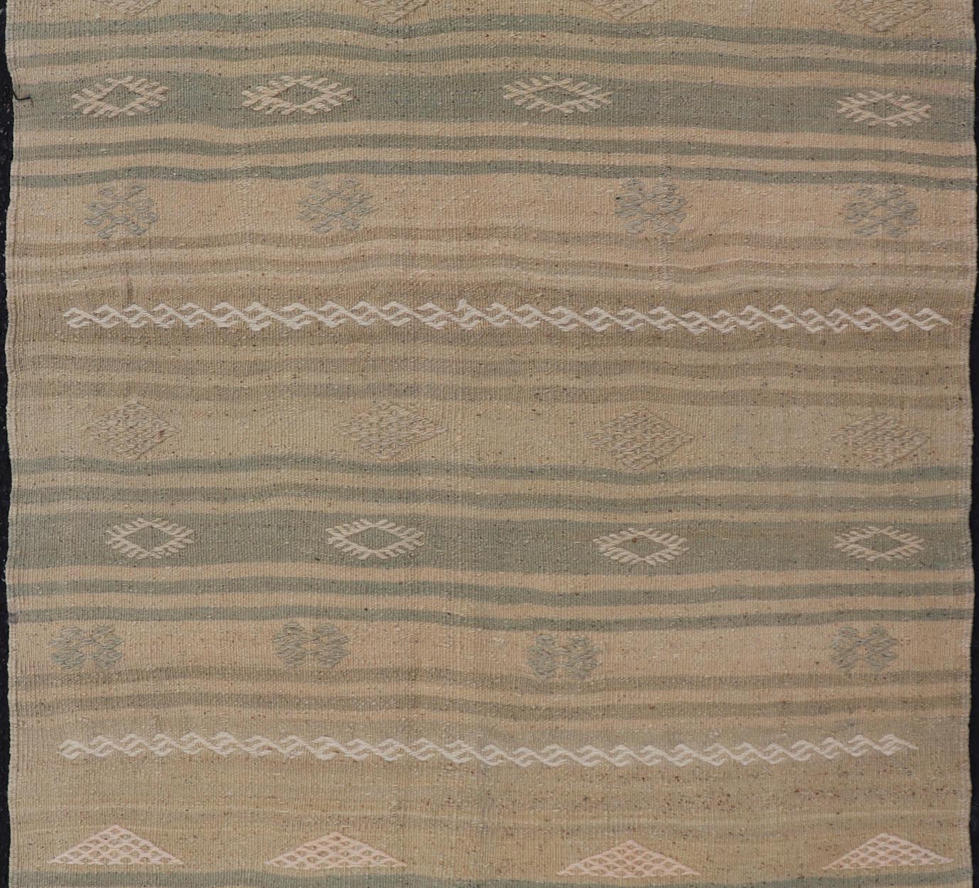 Measures: 2'9 x 4'0 Turkish Flat - Weave Kilim in with Stripes and Embroideries in Green and Taupe. Keivan Woven Arts / Rug EN - 179264, country of origin / type: Turkey / Kilim, circa 1950. This vintage Turkish Kilim rug features a contemporary geo... - Keivan Woven ArtsEN - 179264 - 22249Rug