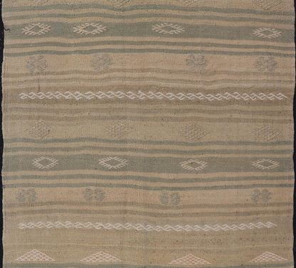 Measures: 2'9 x 4'0 Turkish Flat - Weave Kilim in with Stripes and Embroideries in Green and Taupe. Keivan Woven Arts / Rug EN - 179264, country of origin / type: Turkey / Kilim, circa 1950. This vintage Turkish Kilim rug features a contemporary geo... - Keivan Woven ArtsEN - 179264 - 22249Rug