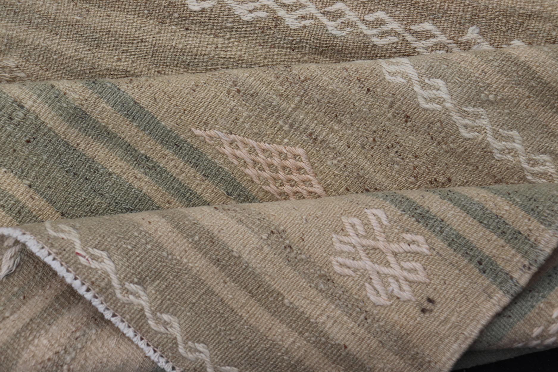 Measures: 2'9 x 4'0 Turkish Flat - Weave Kilim in with Stripes and Embroideries in Green and Taupe. Keivan Woven Arts / Rug EN - 179264, country of origin / type: Turkey / Kilim, circa 1950. This vintage Turkish Kilim rug features a contemporary geo... - Keivan Woven ArtsEN - 179264 - 22249Rug