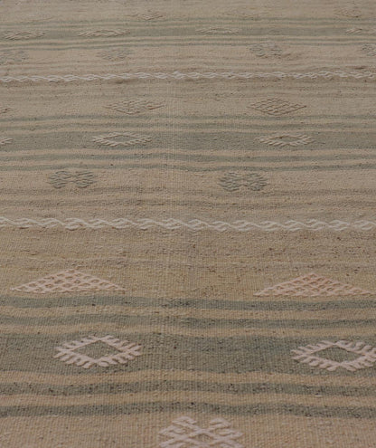 Measures: 2'9 x 4'0 Turkish Flat - Weave Kilim in with Stripes and Embroideries in Green and Taupe. Keivan Woven Arts / Rug EN - 179264, country of origin / type: Turkey / Kilim, circa 1950. This vintage Turkish Kilim rug features a contemporary geo... - Keivan Woven ArtsEN - 179264 - 22249Rug