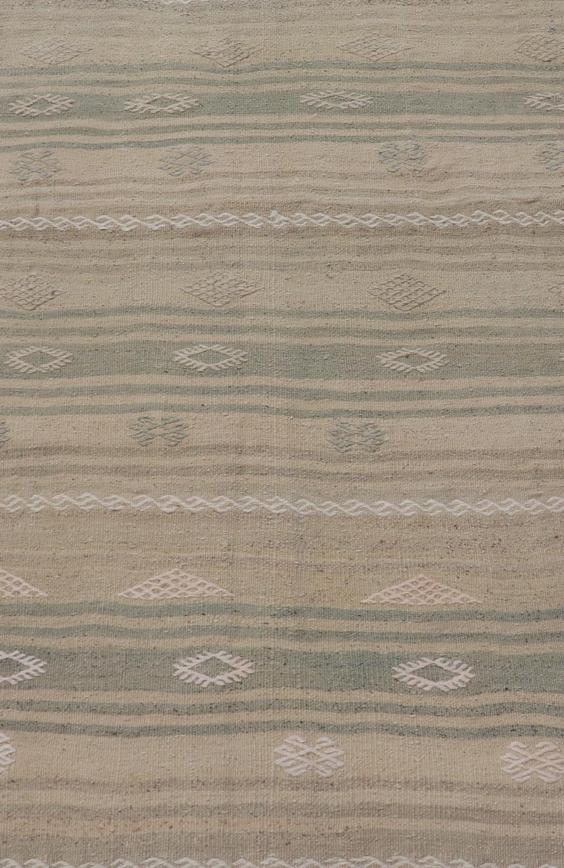 Measures: 2'9 x 4'0 Turkish Flat - Weave Kilim in with Stripes and Embroideries in Green and Taupe. Keivan Woven Arts / Rug EN - 179264, country of origin / type: Turkey / Kilim, circa 1950. This vintage Turkish Kilim rug features a contemporary geo... - Keivan Woven ArtsEN - 179264 - 22249Rug