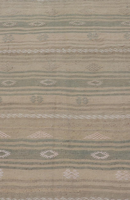 Measures: 2'9 x 4'0 Turkish Flat - Weave Kilim in with Stripes and Embroideries in Green and Taupe. Keivan Woven Arts / Rug EN - 179264, country of origin / type: Turkey / Kilim, circa 1950. This vintage Turkish Kilim rug features a contemporary geo... - Keivan Woven ArtsEN - 179264 - 22249Rug