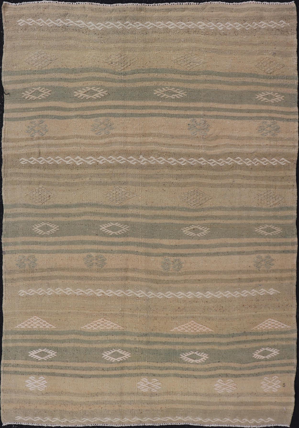 Measures: 2'9 x 4'0 Turkish Flat - Weave Kilim in with Stripes and Embroideries in Green and Taupe. Keivan Woven Arts / Rug EN - 179264, country of origin / type: Turkey / Kilim, circa 1950. This vintage Turkish Kilim rug features a contemporary geo... - Keivan Woven ArtsEN - 179264 - 22249Rug