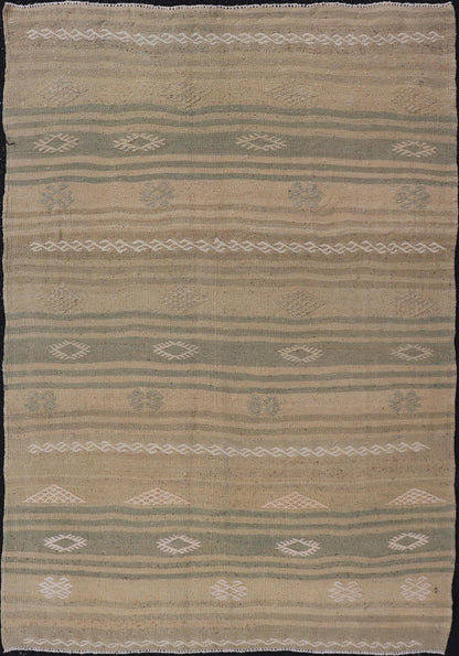 Measures: 2'9 x 4'0 Turkish Flat - Weave Kilim in with Stripes and Embroideries in Green and Taupe. Keivan Woven Arts / Rug EN - 179264, country of origin / type: Turkey / Kilim, circa 1950. This vintage Turkish Kilim rug features a contemporary geo... - Keivan Woven ArtsEN - 179264 - 22249Rug