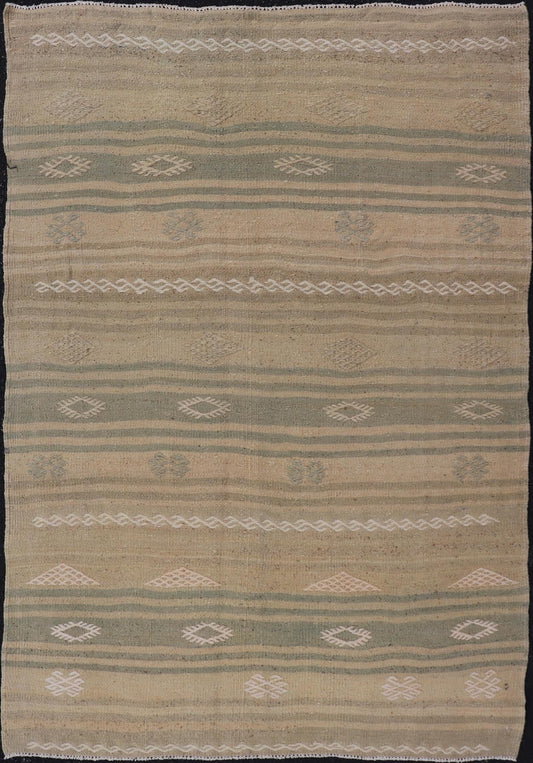 Measures: 2'9 x 4'0 Turkish Flat - Weave Kilim in with Stripes and Embroideries in Green and Taupe. Keivan Woven Arts / Rug EN - 179264, country of origin / type: Turkey / Kilim, circa 1950. This vintage Turkish Kilim rug features a contemporary geo... - Keivan Woven ArtsEN - 179264 - 22249Rug