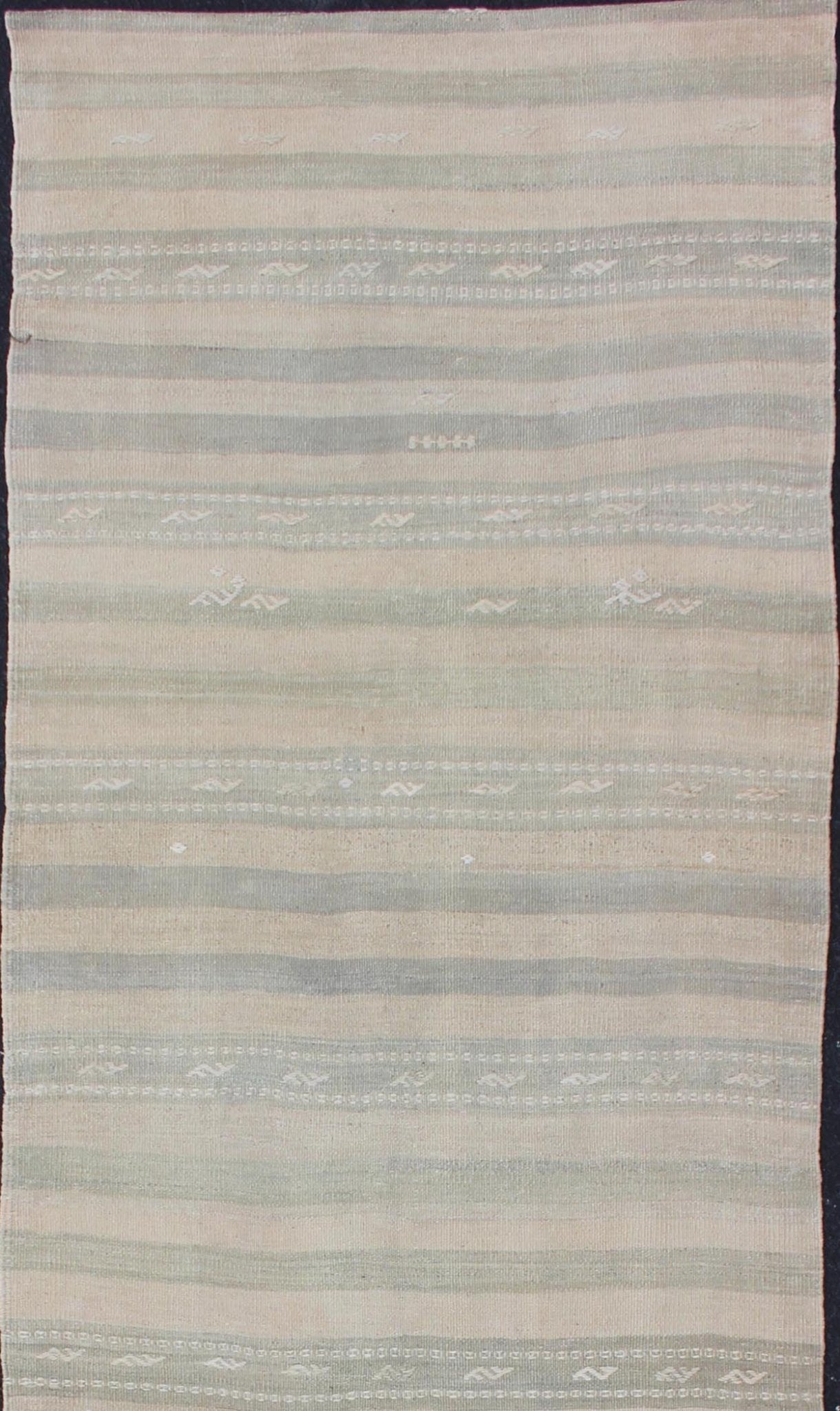 Vintage Turkish Kilim Runner with Stripes in Light Taupe and Neutral Tones Stripe design Kilim runner in cream, light green, taupe, rug EN - 179274, country of origin / type: Turkey / Kilim, circa 1950 This flat - woven Kilim runner from Turk... - Keivan Woven ArtsEN - 179274 - 12623Rug