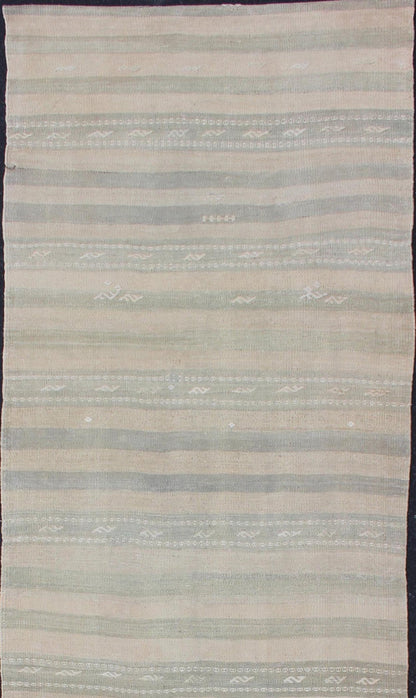 Vintage Turkish Kilim Runner with Stripes in Light Taupe and Neutral Tones Stripe design Kilim runner in cream, light green, taupe, rug EN - 179274, country of origin / type: Turkey / Kilim, circa 1950 This flat - woven Kilim runner from Turk... - Keivan Woven ArtsEN - 179274 - 12623Rug