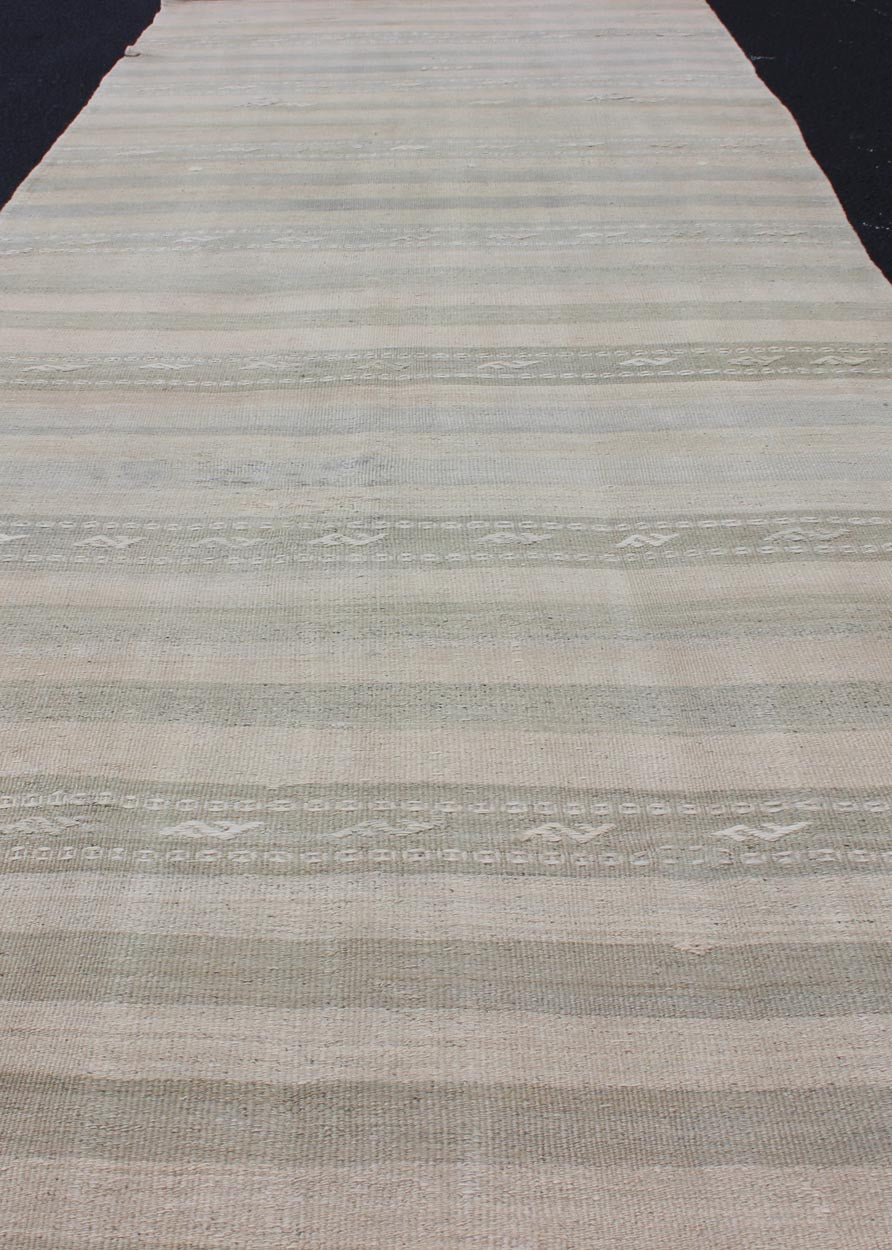 Vintage Turkish Kilim Runner with Stripes in Light Taupe and Neutral Tones Stripe design Kilim runner in cream, light green, taupe, rug EN - 179274, country of origin / type: Turkey / Kilim, circa 1950 This flat - woven Kilim runner from Turk... - Keivan Woven ArtsEN - 179274 - 12623Rug