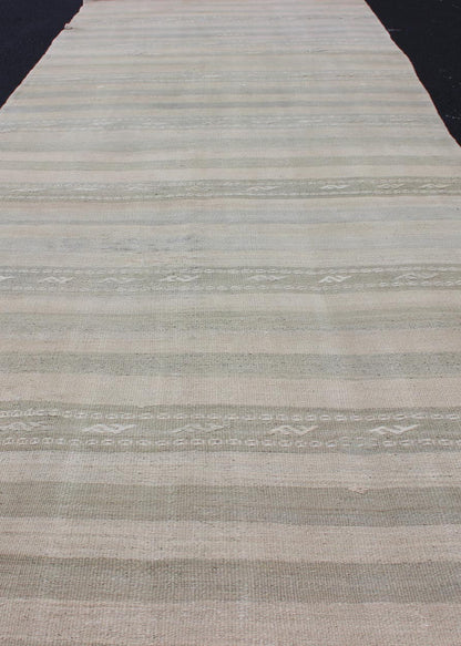 Vintage Turkish Kilim Runner with Stripes in Light Taupe and Neutral Tones Stripe design Kilim runner in cream, light green, taupe, rug EN - 179274, country of origin / type: Turkey / Kilim, circa 1950 This flat - woven Kilim runner from Turk... - Keivan Woven ArtsEN - 179274 - 12623Rug