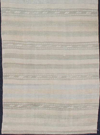 Vintage Turkish Kilim Runner with Stripes in Light Taupe and Neutral Tones Stripe design Kilim runner in cream, light green, taupe, rug EN - 179274, country of origin / type: Turkey / Kilim, circa 1950 This flat - woven Kilim runner from Turk... - Keivan Woven ArtsEN - 179274 - 12623Rug
