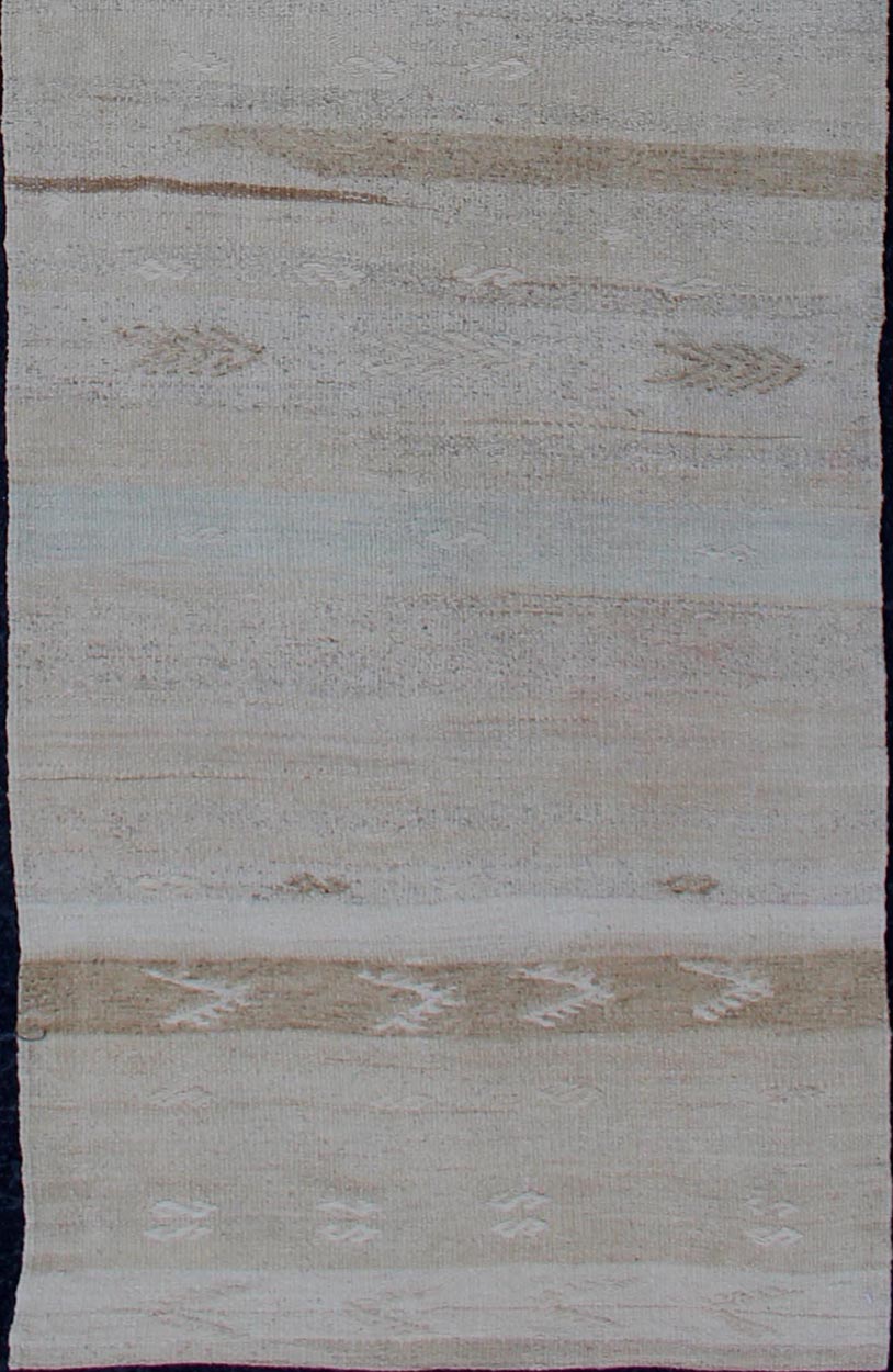Minimalist Design Vintage Hand Woven Turkish Kilim Runner With Neutral Tones Minimalist design with traces of stripes Kilim runner in cream, light brown and taupe, Keivan Woven Arts / rug EN - 179276, country of origin / type: Turkey / Kilim, cir... - Keivan Woven ArtsEN - 179276 - 12000Rug